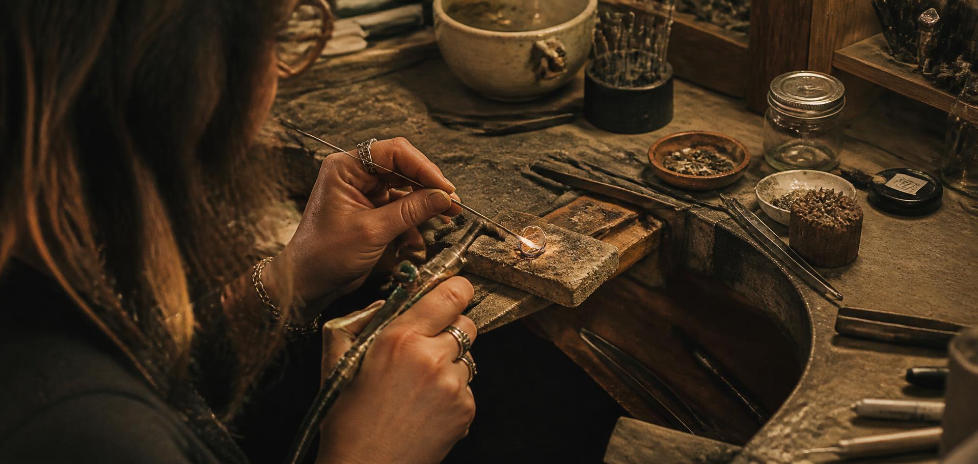 Hands soldering silver at a jeweler's bench